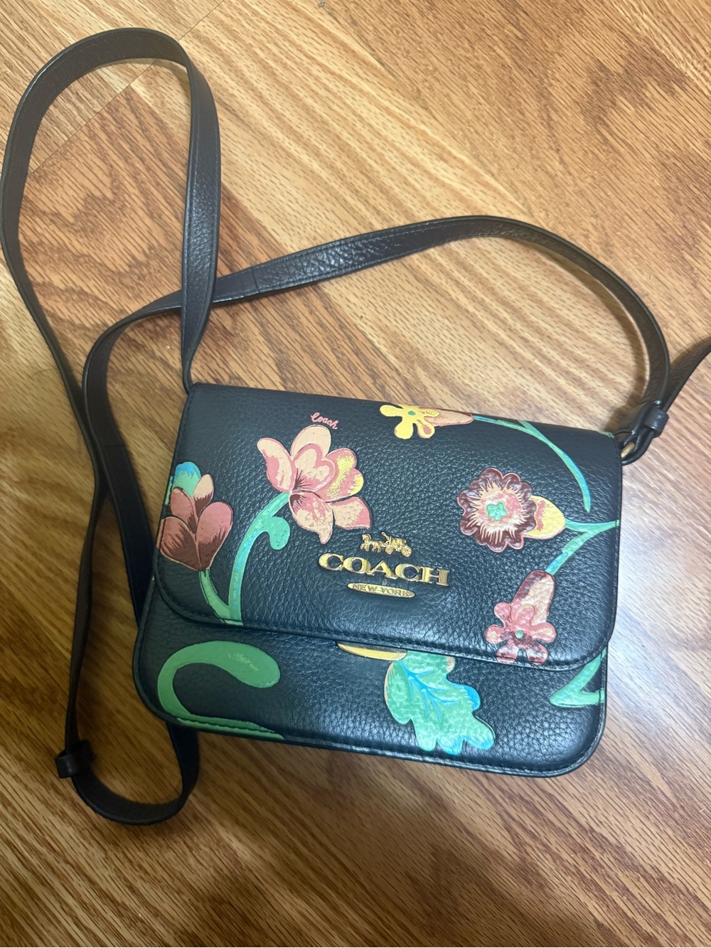 Coach Black Leather Floral Crossbody with Multicolor Accent